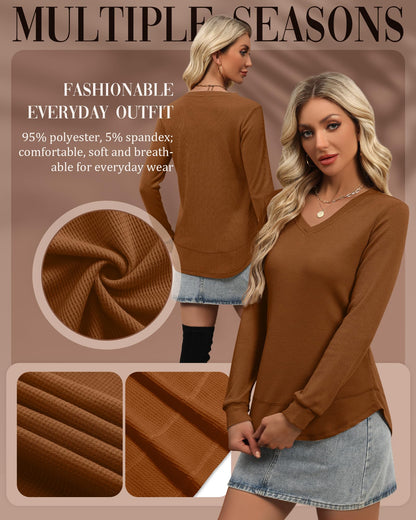 3 Pack Women's Waffle Knit Tunic Tops for Leggings Long Sleeve V Neck Sweatshirts Curved Hem Shirts 2026 Trendy