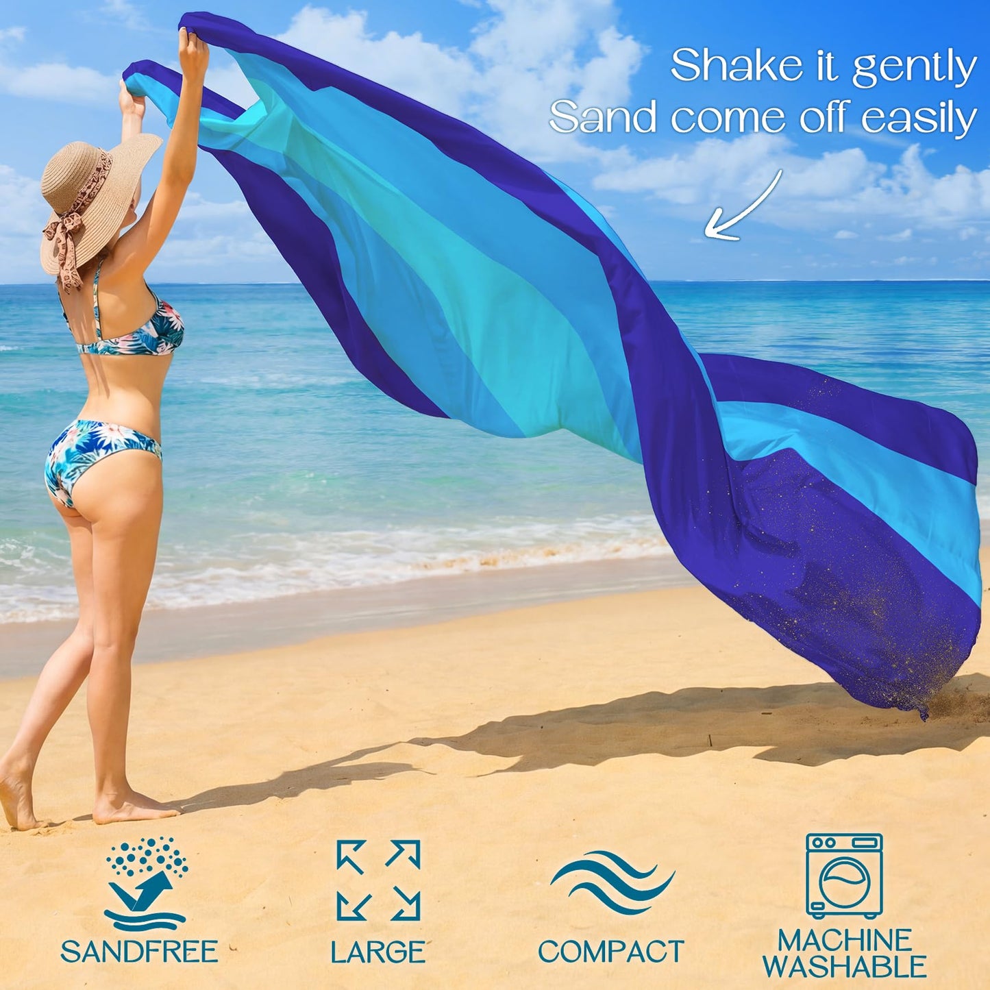 BYDOLL Beach Blanket Waterproof Sandproof Large Sand Free,78''X81''/10'X9' Oversized Sandless Lightweight Blanket Picnic Mat for Beach Travel Camping Hiking with Stakes