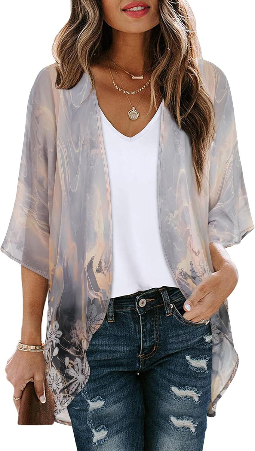 Women's Floral Print Puff Sleeve Kimono Cardigan Loose Cover Up Casual Blouse Tops 2026