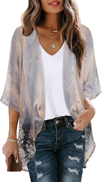 Women's Floral Print Puff Sleeve Kimono Cardigan Loose Cover Up Casual Blouse Tops 2026