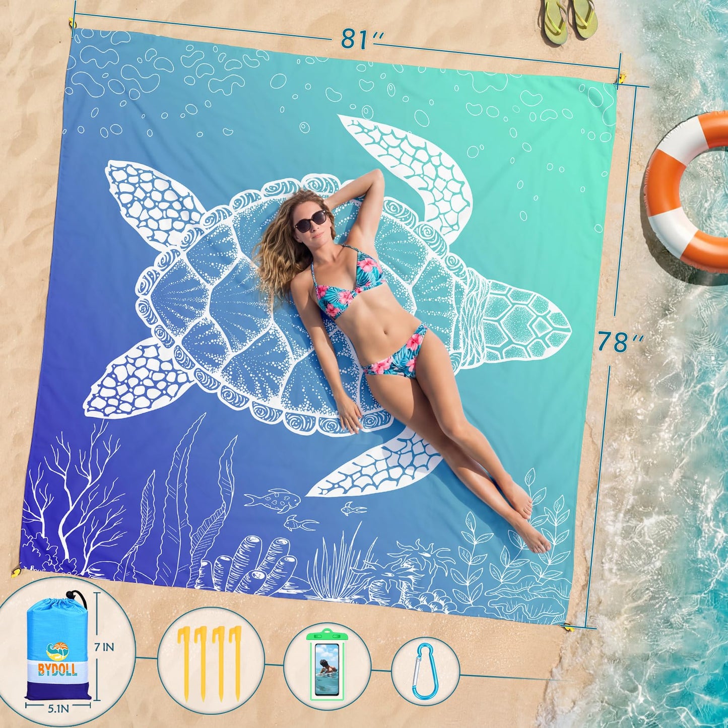 BYDOLL Beach Blanket Waterproof Sandproof Large Sand Free,78''X81''/10'X9' Oversized Sandless Lightweight Blanket Picnic Mat for Beach Travel Camping Hiking with Stakes