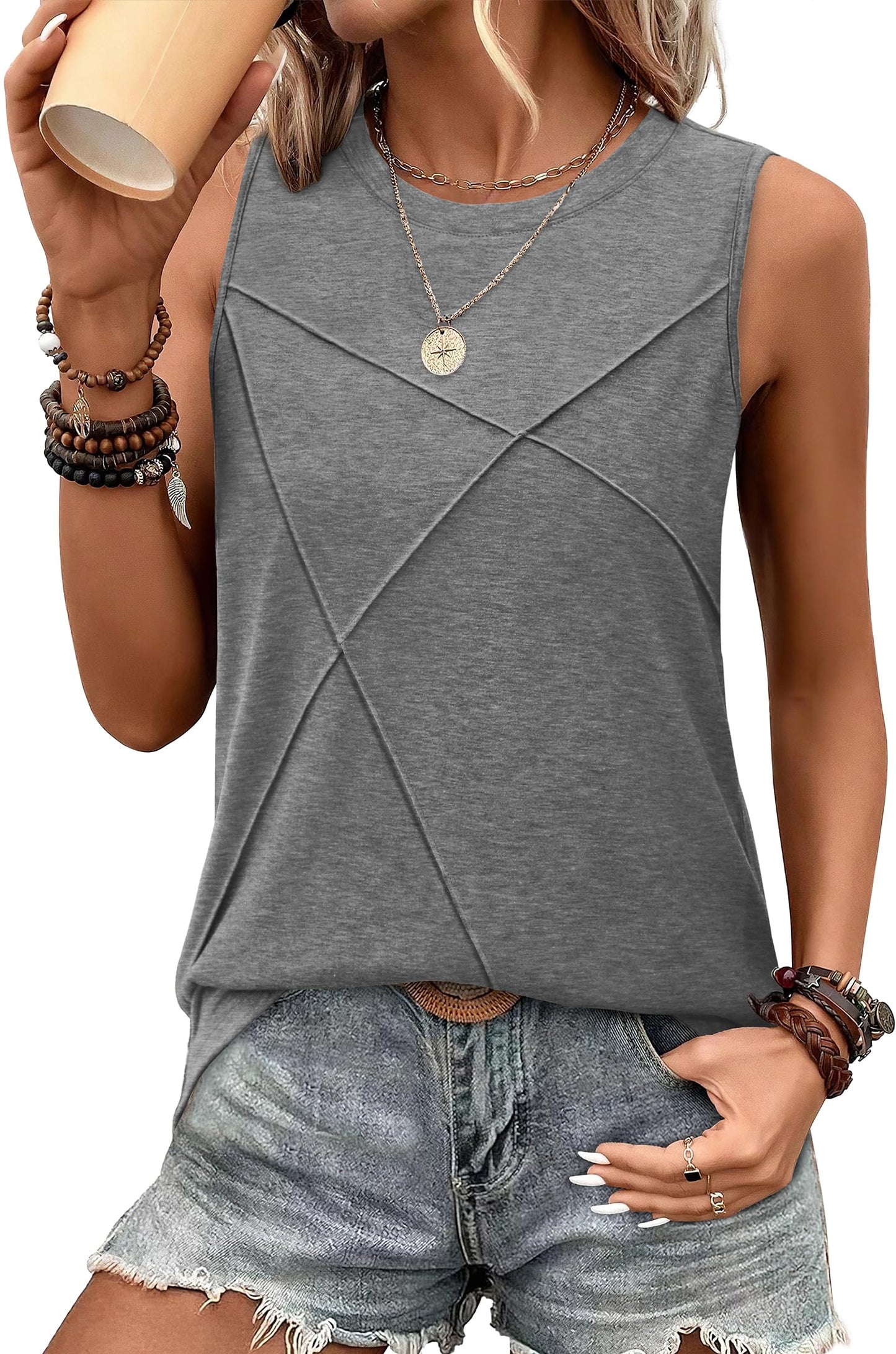 WIHOLL Women's Sleeveless Summer Crewneck Loose Fit Tank Tops