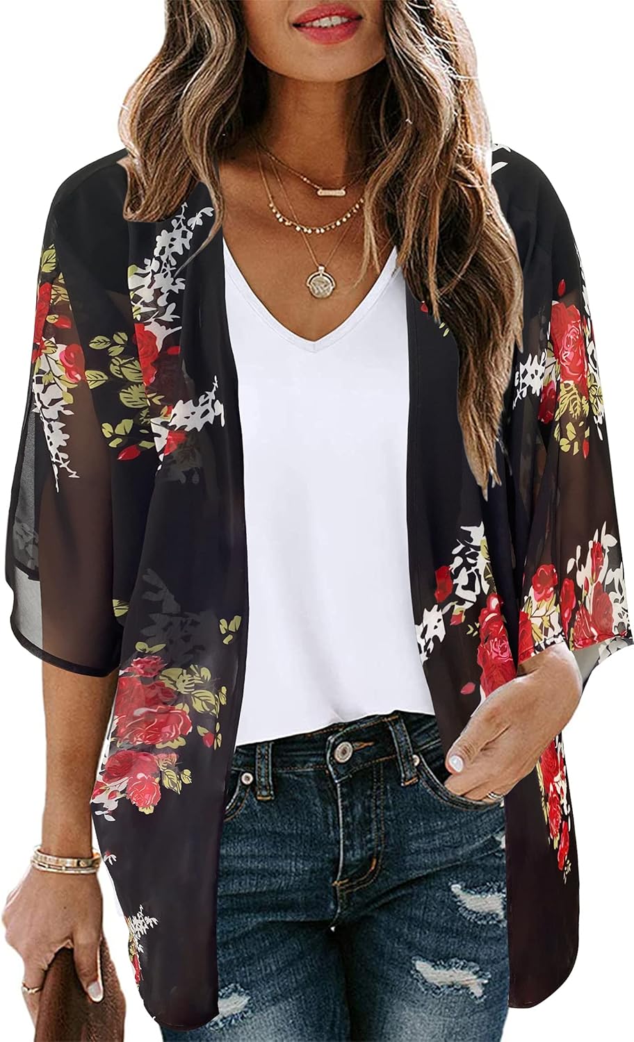 Women's Floral Print Puff Sleeve Kimono Cardigan Loose Cover Up Casual Blouse Tops 2026
