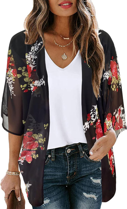 Women's Floral Print Puff Sleeve Kimono Cardigan Loose Cover Up Casual Blouse Tops 2026