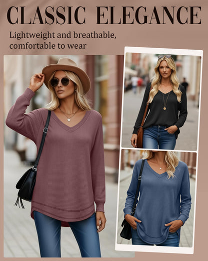 3 Pack Women's Waffle Knit Tunic Tops for Leggings Long Sleeve V Neck Sweatshirts Curved Hem Shirts 2026 Trendy