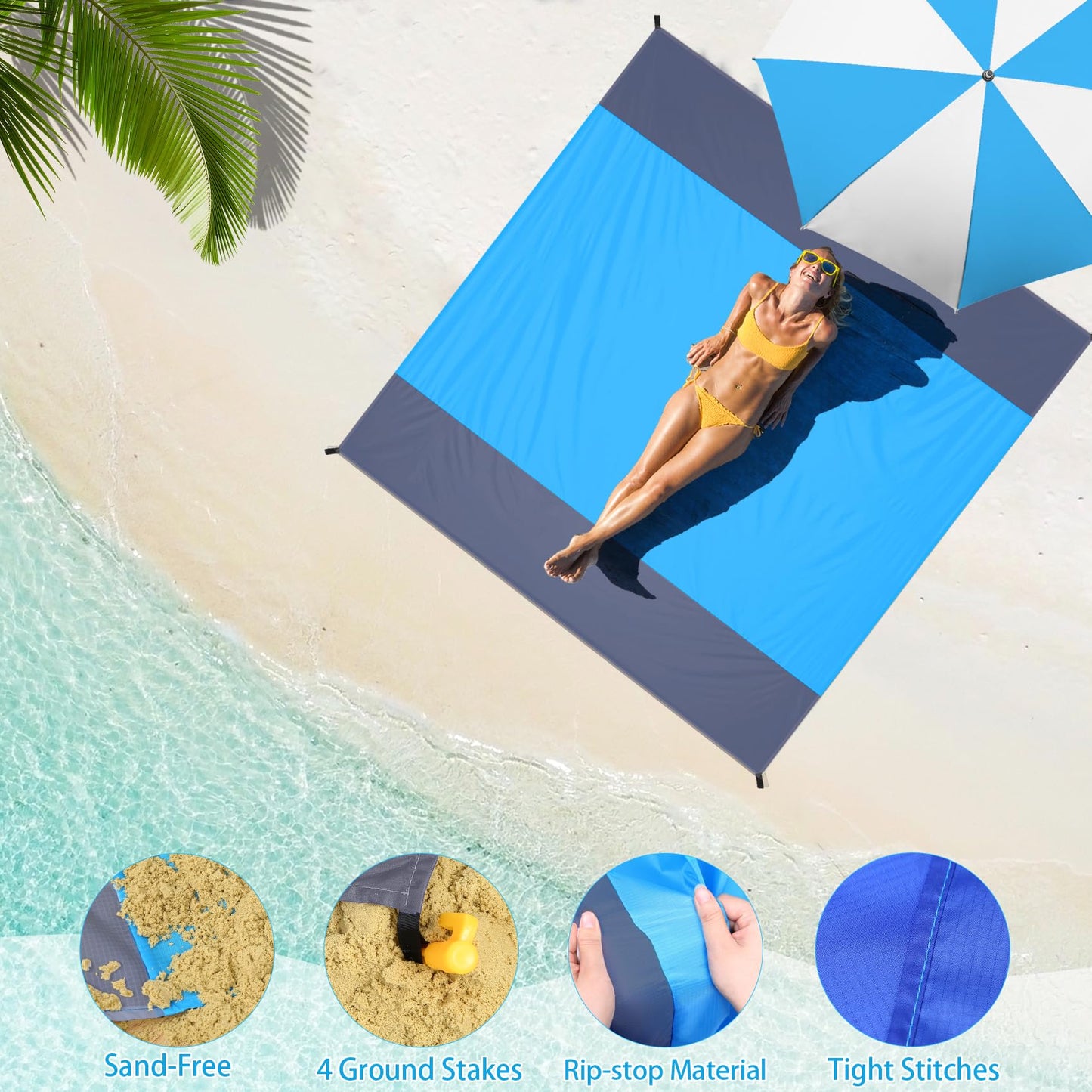BYDOLL Beach Blanket Waterproof Sandproof Large Sand Free,78''X81''/10'X9' Oversized Sandless Lightweight Blanket Picnic Mat for Beach Travel Camping Hiking with Stakes