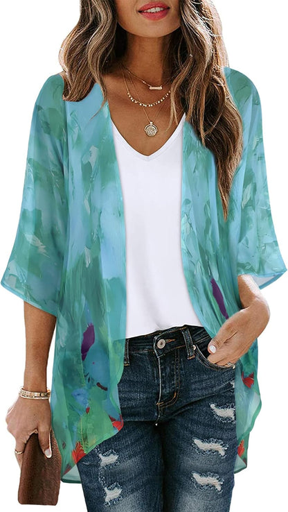 Women's Floral Print Puff Sleeve Kimono Cardigan Loose Cover Up Casual Blouse Tops 2026