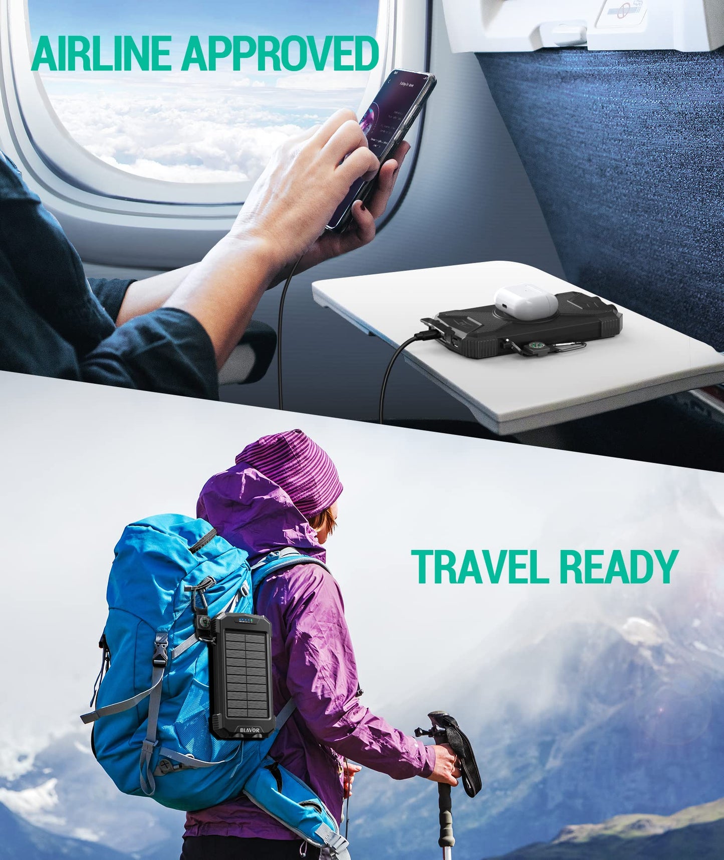 BLAVOR Solar Power Bank 10,000mAh, Portable Wireless Charger, 20W Fast Charging External Battery Pack with USB C for Cell Phones, Solar Panel Charging with Dual Flashlight for Camping