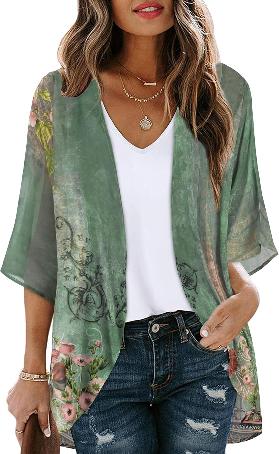 Women's Floral Print Puff Sleeve Kimono Cardigan Loose Cover Up Casual Blouse Tops 2026