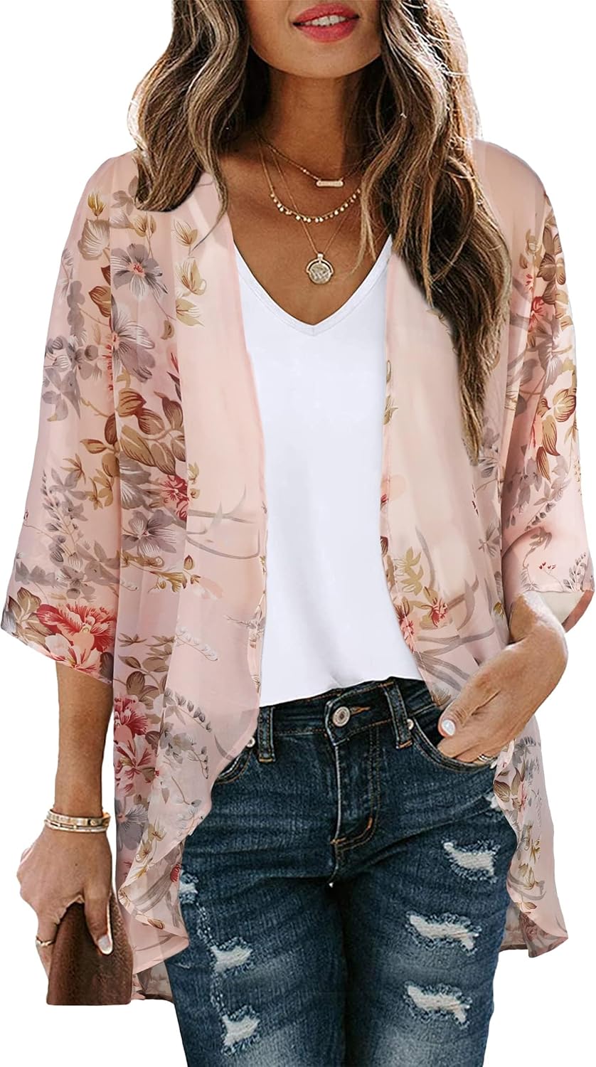 Women's Floral Print Puff Sleeve Kimono Cardigan Loose Cover Up Casual Blouse Tops 2026