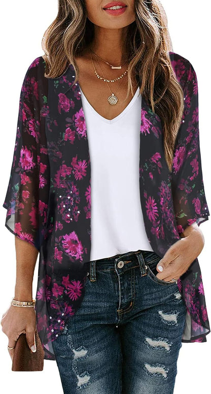 Women's Floral Print Puff Sleeve Kimono Cardigan Loose Cover Up Casual Blouse Tops 2026