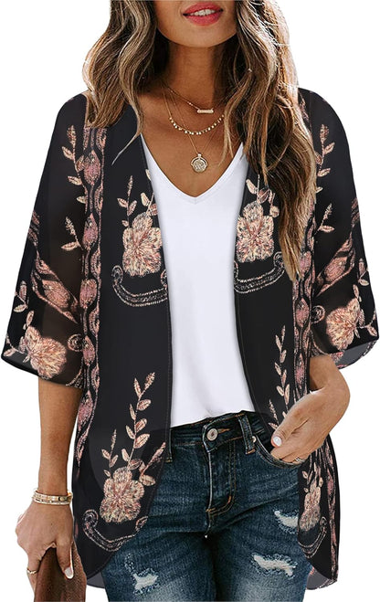 Women's Floral Print Puff Sleeve Kimono Cardigan Loose Cover Up Casual Blouse Tops 2026