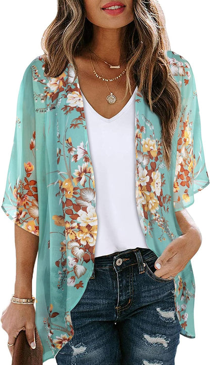 Women's Floral Print Puff Sleeve Kimono Cardigan Loose Cover Up Casual Blouse Tops 2026
