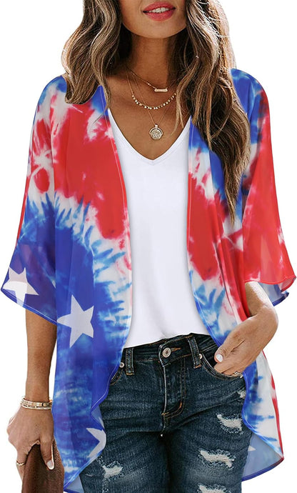 Women's Floral Print Puff Sleeve Kimono Cardigan Loose Cover Up Casual Blouse Tops 2026