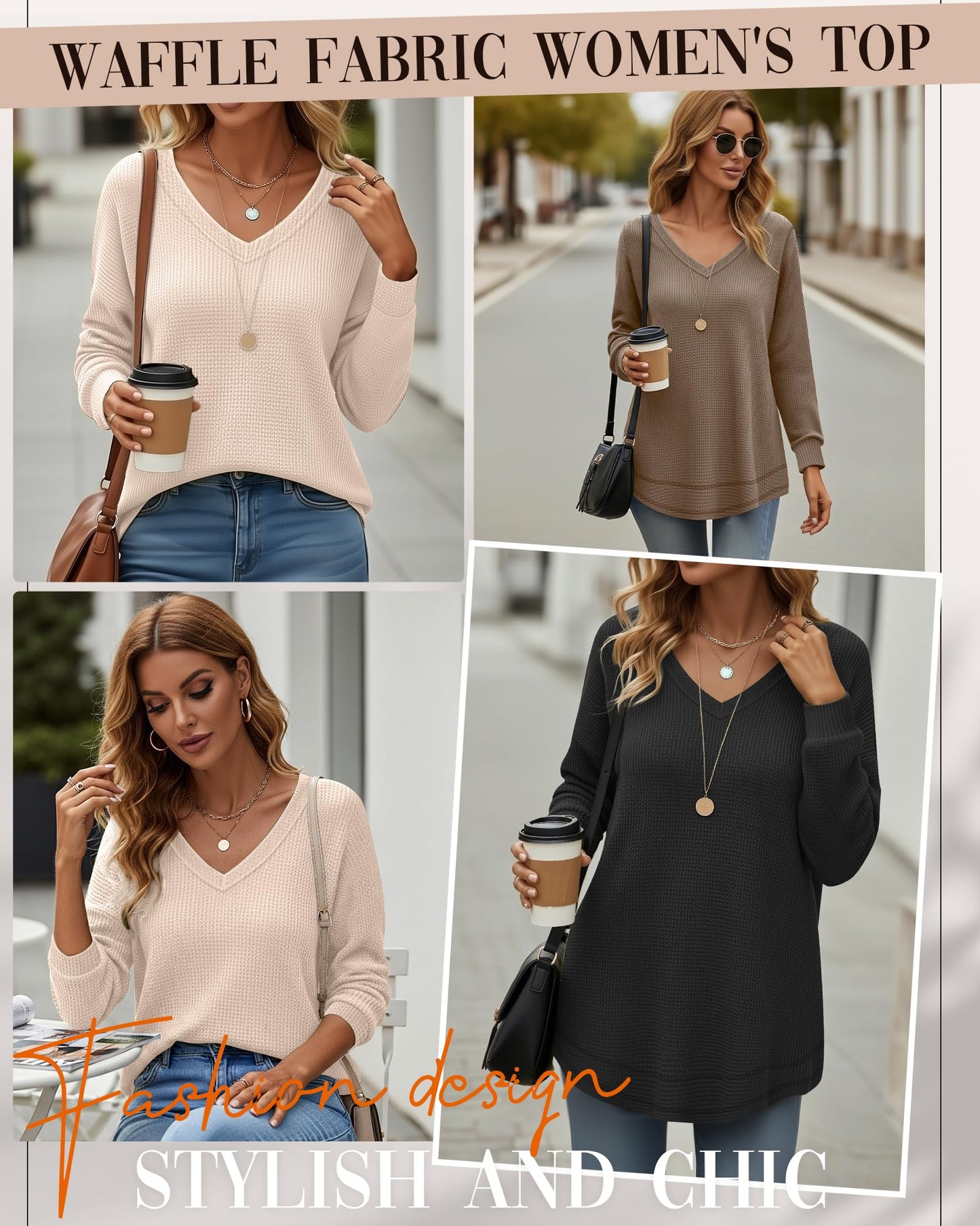 3 Pack Women's Waffle Knit Tunic Tops for Leggings Long Sleeve V Neck Sweatshirts Curved Hem Shirts 2026 Trendy