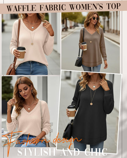 3 Pack Women's Waffle Knit Tunic Tops for Leggings Long Sleeve V Neck Sweatshirts Curved Hem Shirts 2026 Trendy