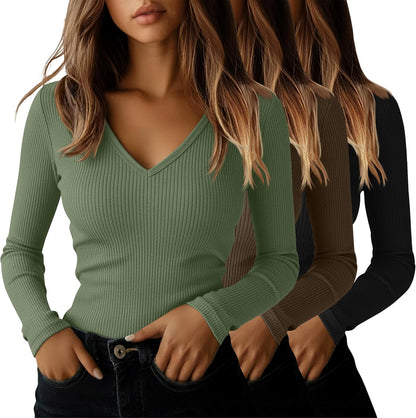 Ficerd 3 Pack Women's Long Sleeve T Shirts Cotton V Neck Slim Fit Tops Ribbed Knit Layering Casual Basic Tees Fall