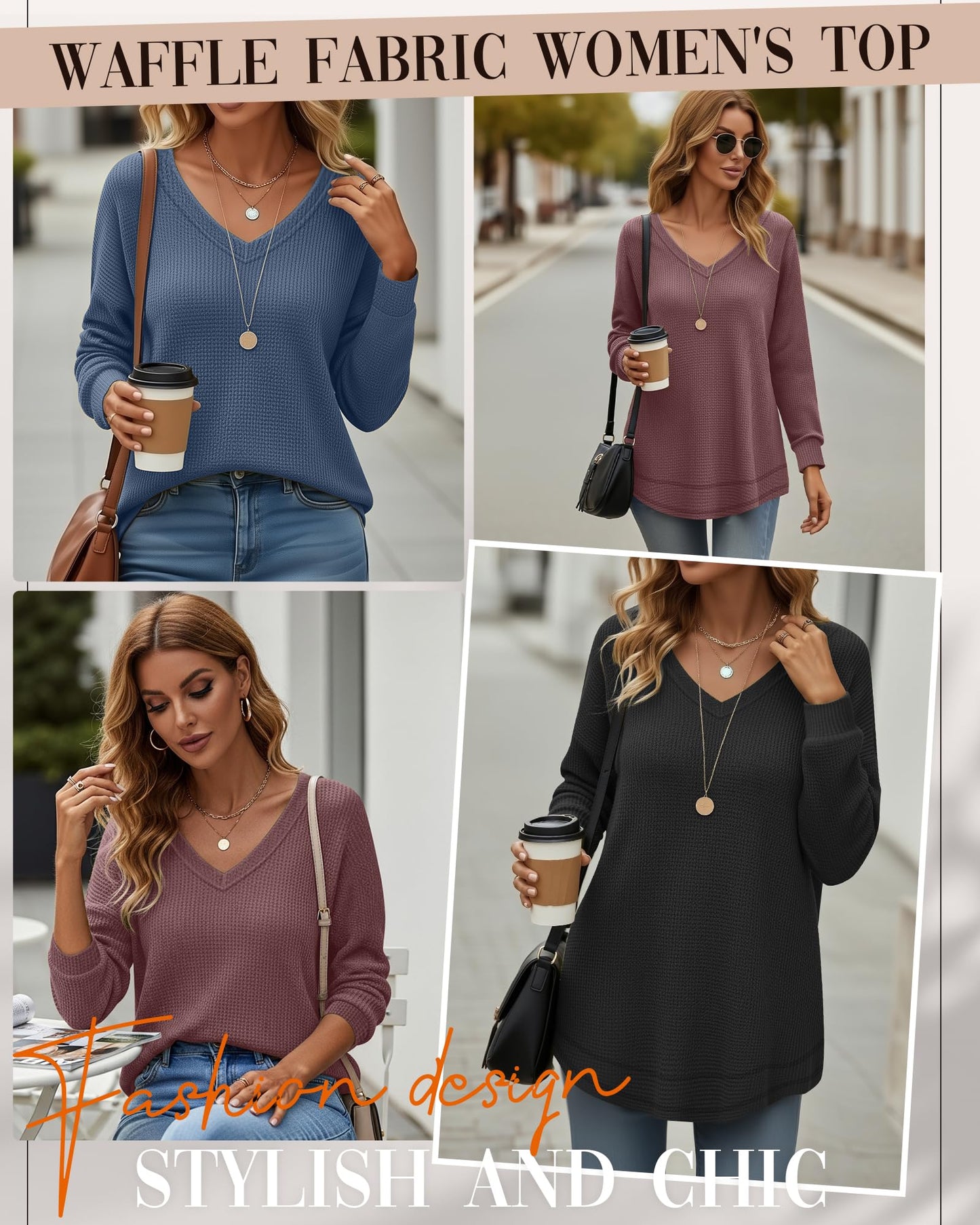 3 Pack Women's Waffle Knit Tunic Tops for Leggings Long Sleeve V Neck Sweatshirts Curved Hem Shirts 2026 Trendy