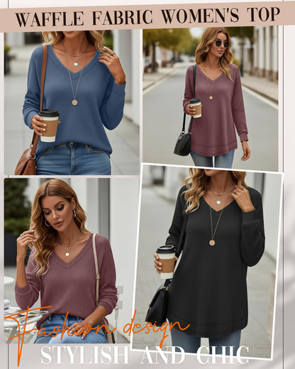 3 Pack Women's Waffle Knit Tunic Tops for Leggings Long Sleeve V Neck Sweatshirts Curved Hem Shirts 2026 Trendy