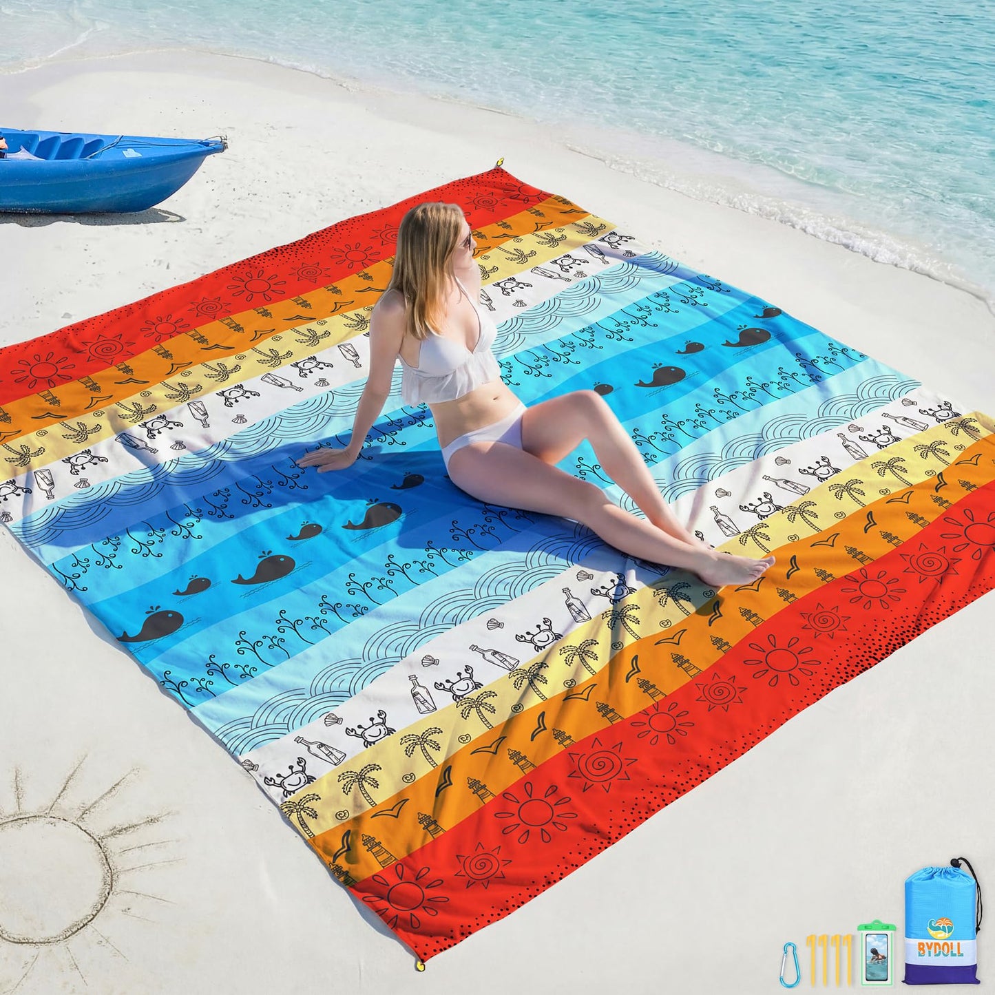 BYDOLL Beach Blanket Waterproof Sandproof Large Sand Free,78''X81''/10'X9' Oversized Sandless Lightweight Blanket Picnic Mat for Beach Travel Camping Hiking with Stakes