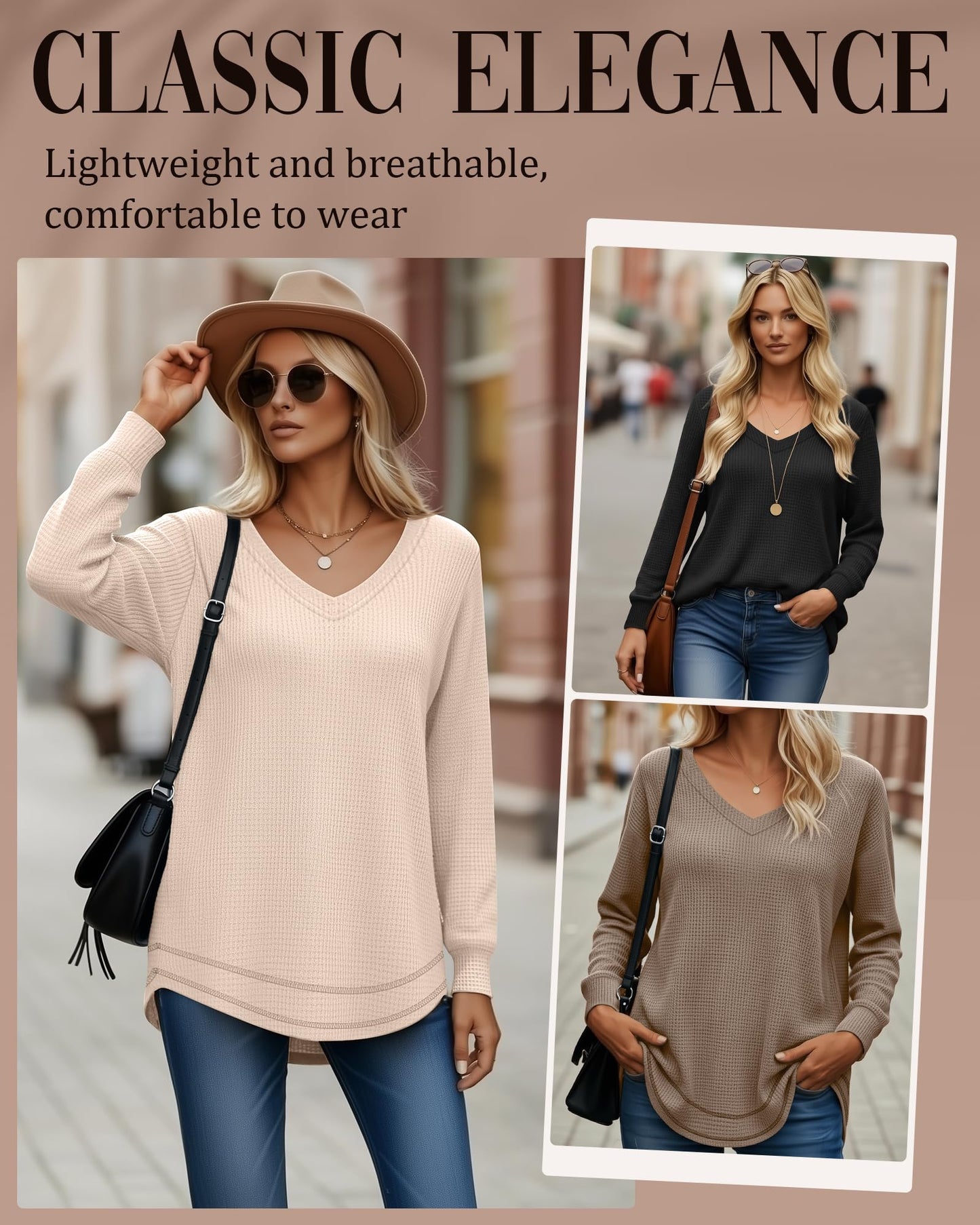 3 Pack Women's Waffle Knit Tunic Tops for Leggings Long Sleeve V Neck Sweatshirts Curved Hem Shirts 2026 Trendy