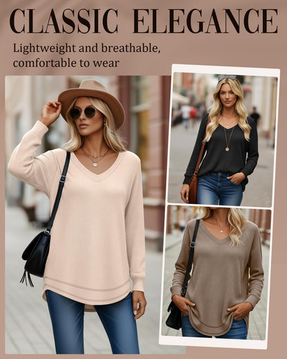 3 Pack Women's Waffle Knit Tunic Tops for Leggings Long Sleeve V Neck Sweatshirts Curved Hem Shirts 2026 Trendy