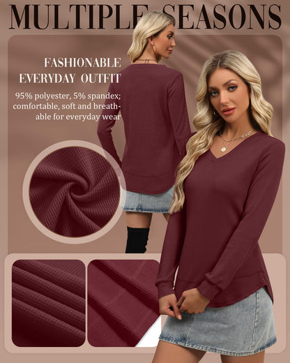 3 Pack Women's Waffle Knit Tunic Tops for Leggings Long Sleeve V Neck Sweatshirts Curved Hem Shirts 2026 Trendy