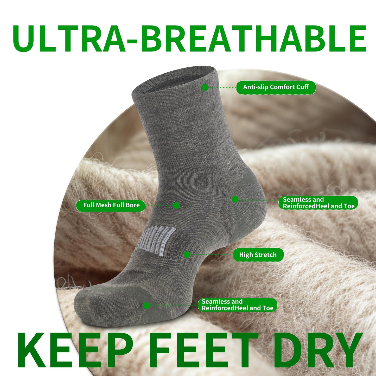 90% Merino Wool Socks for Men and Women,Casual Breathable Soft,3 Pairs