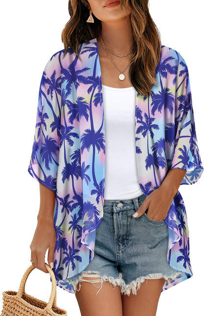 Women's Floral Print Puff Sleeve Kimono Cardigan Loose Cover Up Casual Blouse Tops 2026