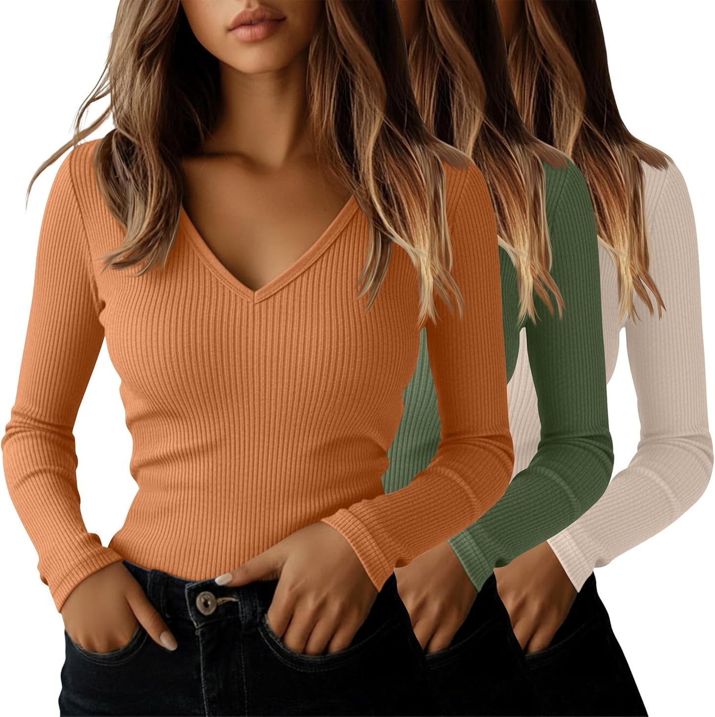 Ficerd 3 Pack Women's Long Sleeve T Shirts Cotton V Neck Slim Fit Tops Ribbed Knit Layering Casual Basic Tees Fall