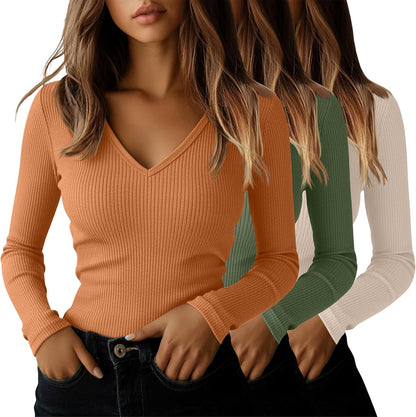 Ficerd 3 Pack Women's Long Sleeve T Shirts Cotton V Neck Slim Fit Tops Ribbed Knit Layering Casual Basic Tees Fall