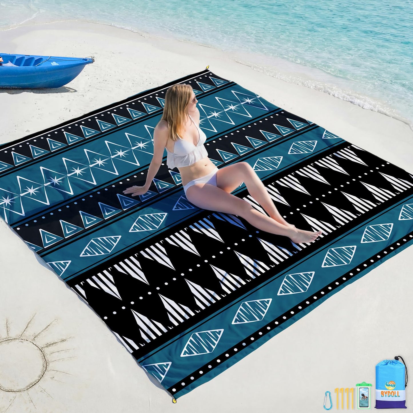 BYDOLL Beach Blanket Waterproof Sandproof Large Sand Free,78''X81''/10'X9' Oversized Sandless Lightweight Blanket Picnic Mat for Beach Travel Camping Hiking with Stakes