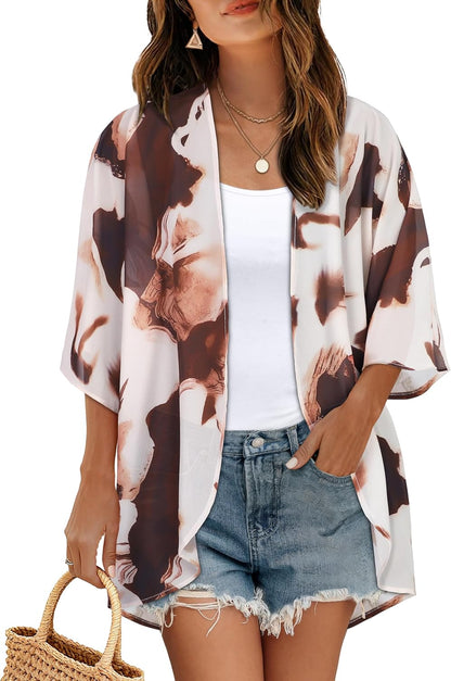 Women's Floral Print Puff Sleeve Kimono Cardigan Loose Cover Up Casual Blouse Tops 2026