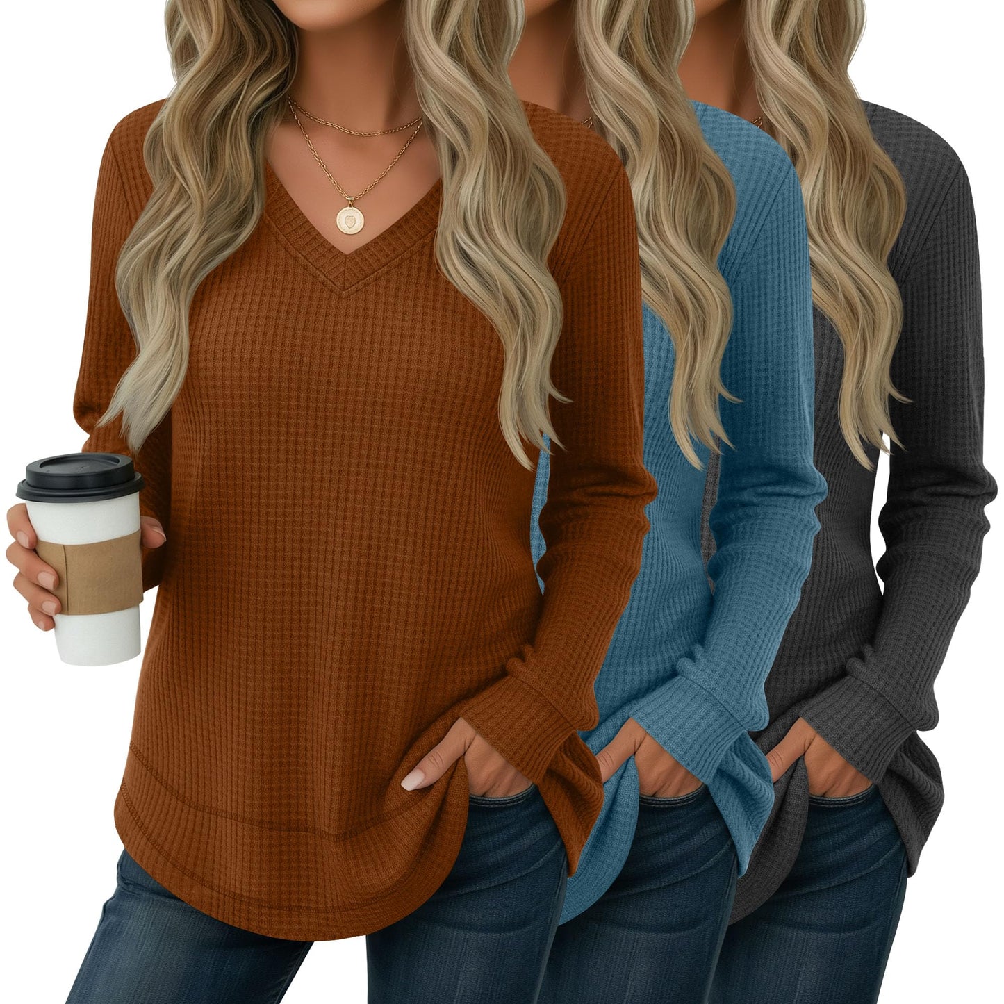 3 Pack Women's Waffle Knit Tunic Tops for Leggings Long Sleeve V Neck Sweatshirts Curved Hem Shirts 2026 Trendy