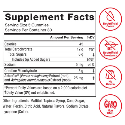 Force Factor Creatine Monohydrate Gummies, 5g Dose for Men & Women to Support Muscle, Strength, Recovery, Cognitive Health & Memory, Blue Raspberry, 150 Gummies