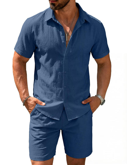 COOFANDY Men's 2 Pieces Cotton Linen Set Short Sleeve Button Down Shirts Summer Beach Shorts Casual Outfits