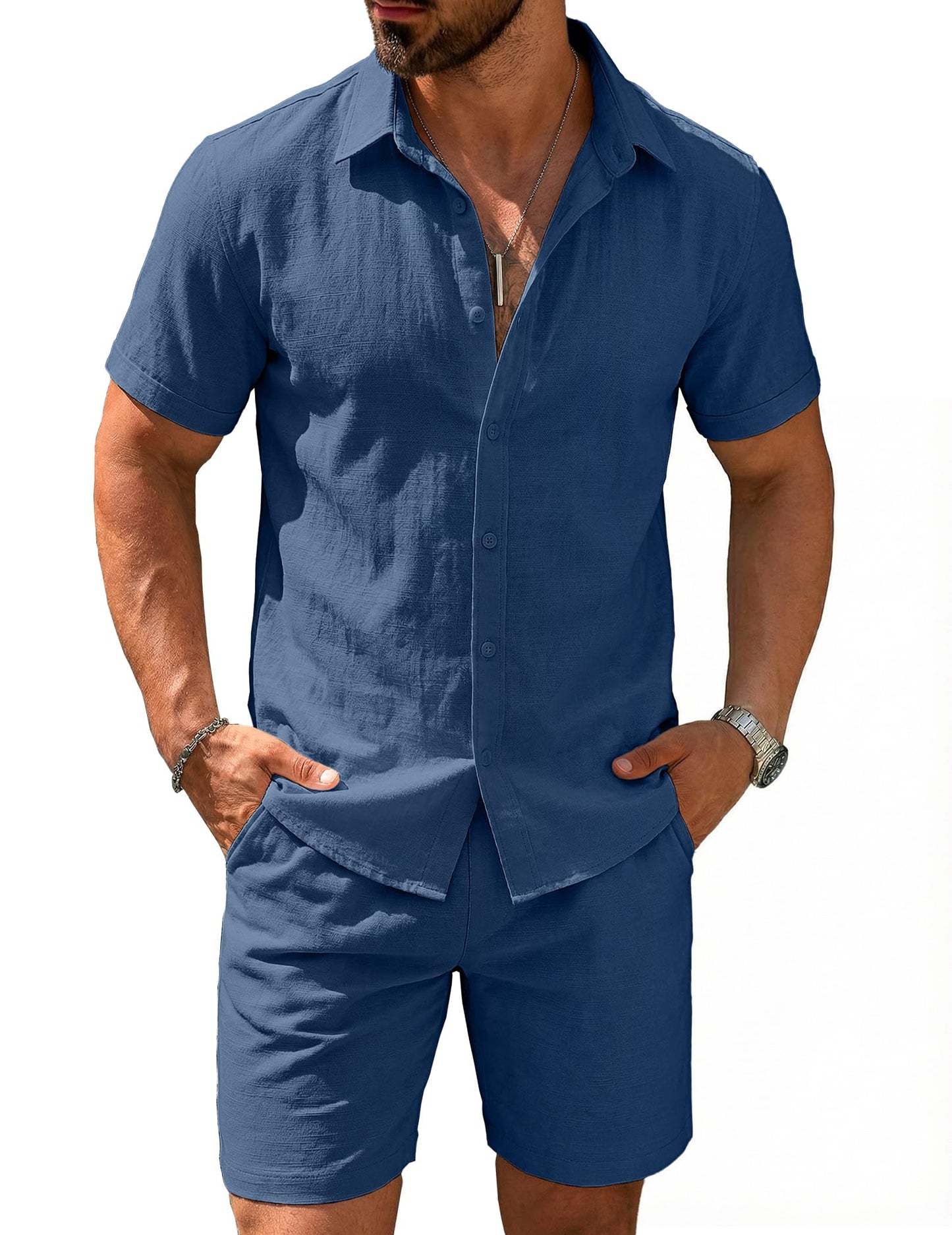 COOFANDY Men's 2 Pieces Cotton Linen Set Short Sleeve Button Down Shirts Summer Beach Shorts Casual Outfits