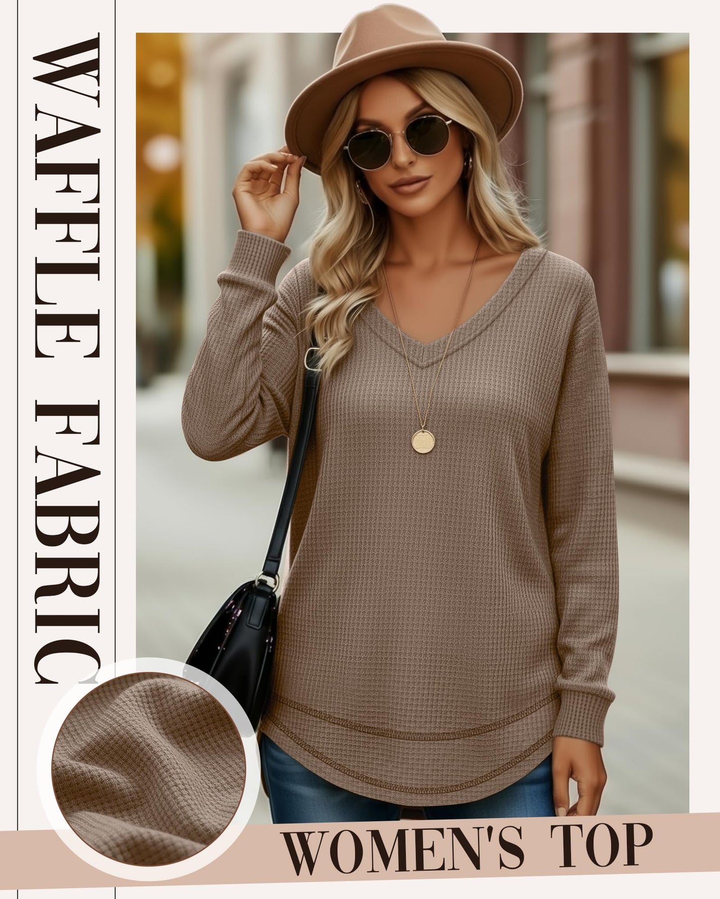 3 Pack Women's Waffle Knit Tunic Tops for Leggings Long Sleeve V Neck Sweatshirts Curved Hem Shirts 2026 Trendy