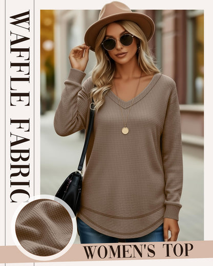3 Pack Women's Waffle Knit Tunic Tops for Leggings Long Sleeve V Neck Sweatshirts Curved Hem Shirts 2026 Trendy