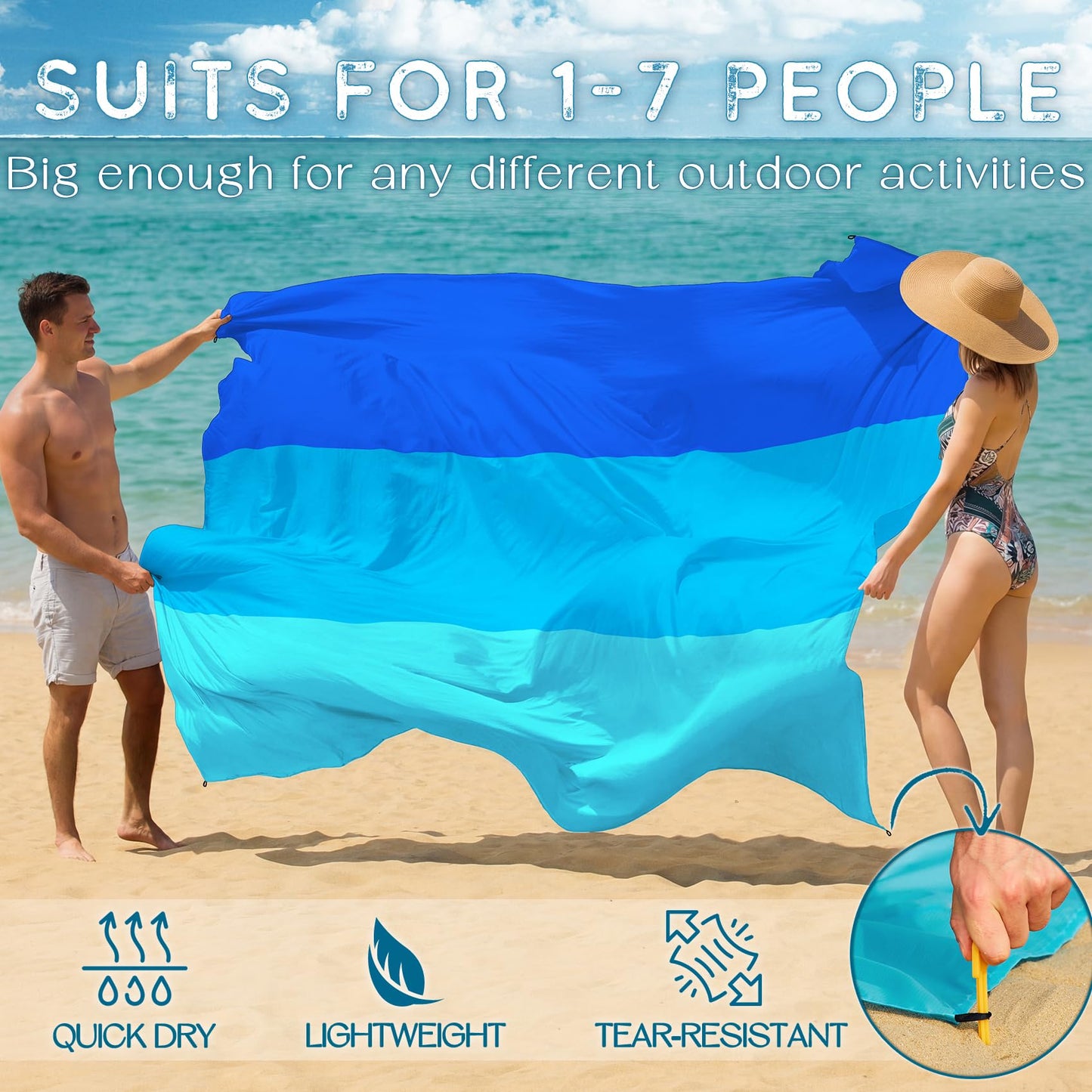 BYDOLL Beach Blanket Waterproof Sandproof Large Sand Free,78''X81''/10'X9' Oversized Sandless Lightweight Blanket Picnic Mat for Beach Travel Camping Hiking with Stakes