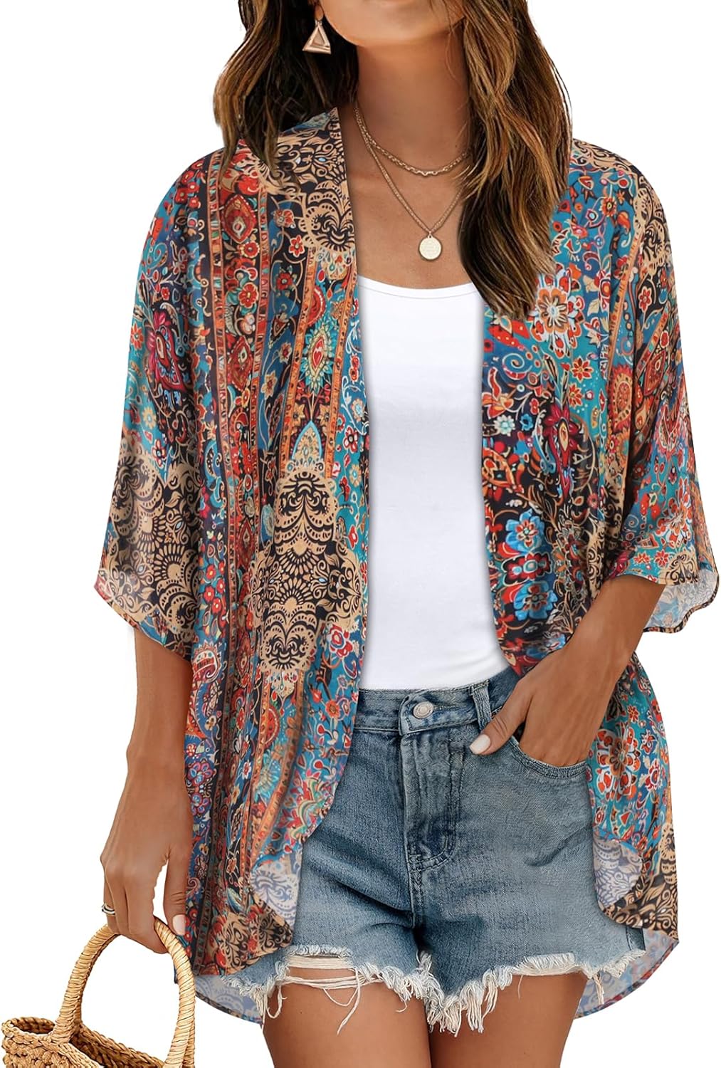 Women's Floral Print Puff Sleeve Kimono Cardigan Loose Cover Up Casual Blouse Tops 2026