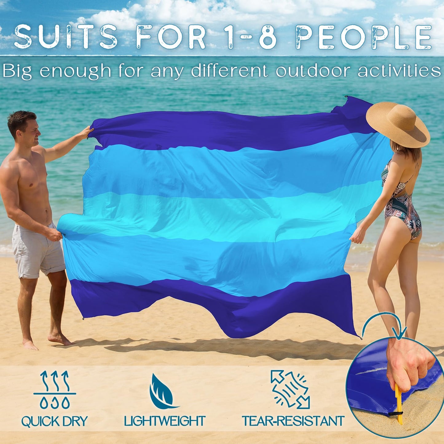 BYDOLL Beach Blanket Waterproof Sandproof Large Sand Free,78''X81''/10'X9' Oversized Sandless Lightweight Blanket Picnic Mat for Beach Travel Camping Hiking with Stakes