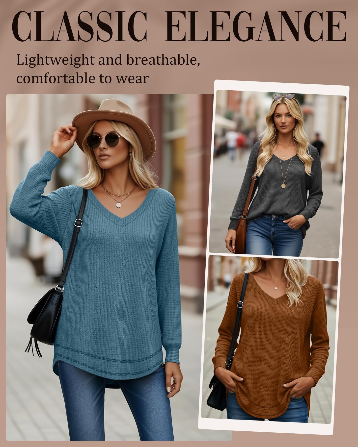 3 Pack Women's Waffle Knit Tunic Tops for Leggings Long Sleeve V Neck Sweatshirts Curved Hem Shirts 2026 Trendy