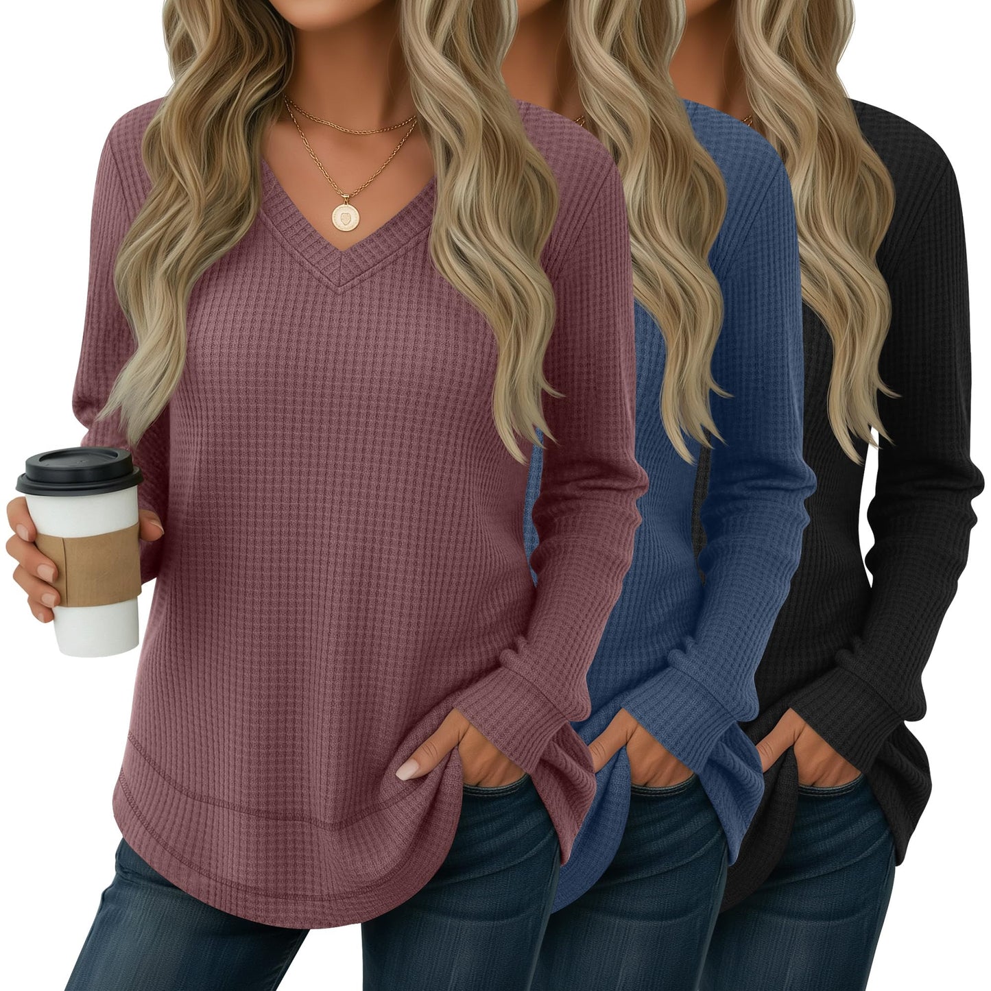 3 Pack Women's Waffle Knit Tunic Tops for Leggings Long Sleeve V Neck Sweatshirts Curved Hem Shirts 2026 Trendy