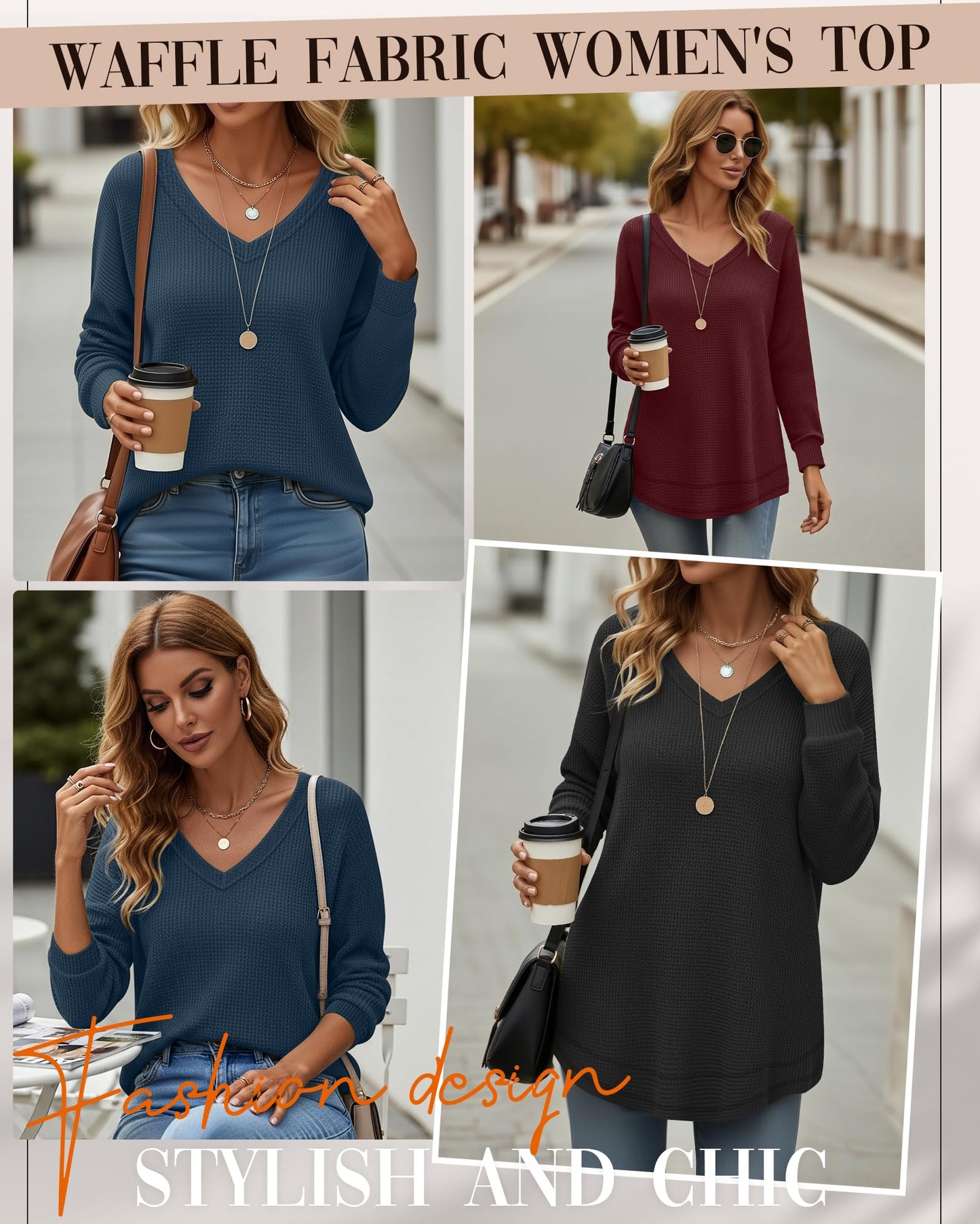 3 Pack Women's Waffle Knit Tunic Tops for Leggings Long Sleeve V Neck Sweatshirts Curved Hem Shirts 2026 Trendy