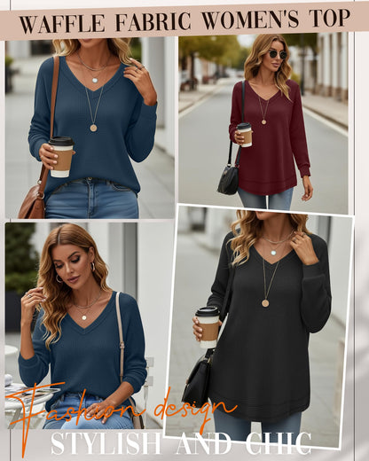 3 Pack Women's Waffle Knit Tunic Tops for Leggings Long Sleeve V Neck Sweatshirts Curved Hem Shirts 2026 Trendy
