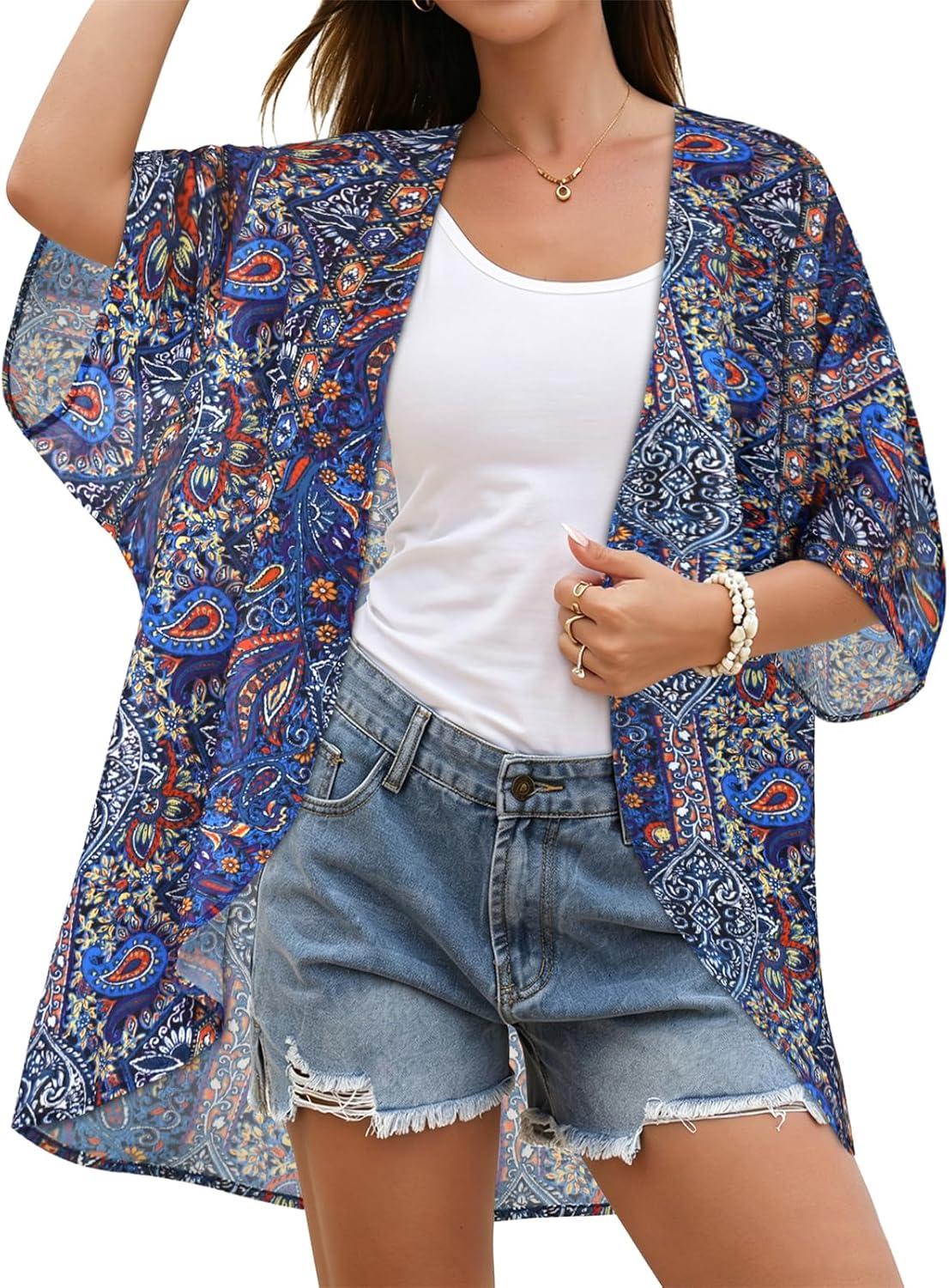 Women's Floral Print Puff Sleeve Kimono Cardigan Loose Cover Up Casual Blouse Tops 2026