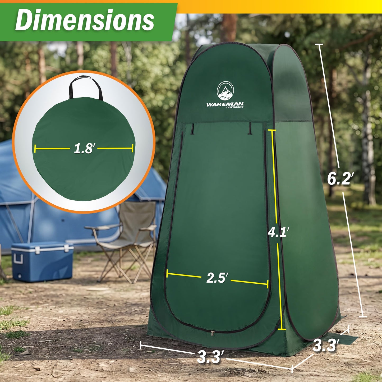 Wakeman Pop Up Changing Tent, 3.3 x 3.3 x 6.2ft, Camping Shower Tent for Portable Toilet Stall or Dressing Room with Carry Bag for Camping, Beach, or Tailgate, Polyester
