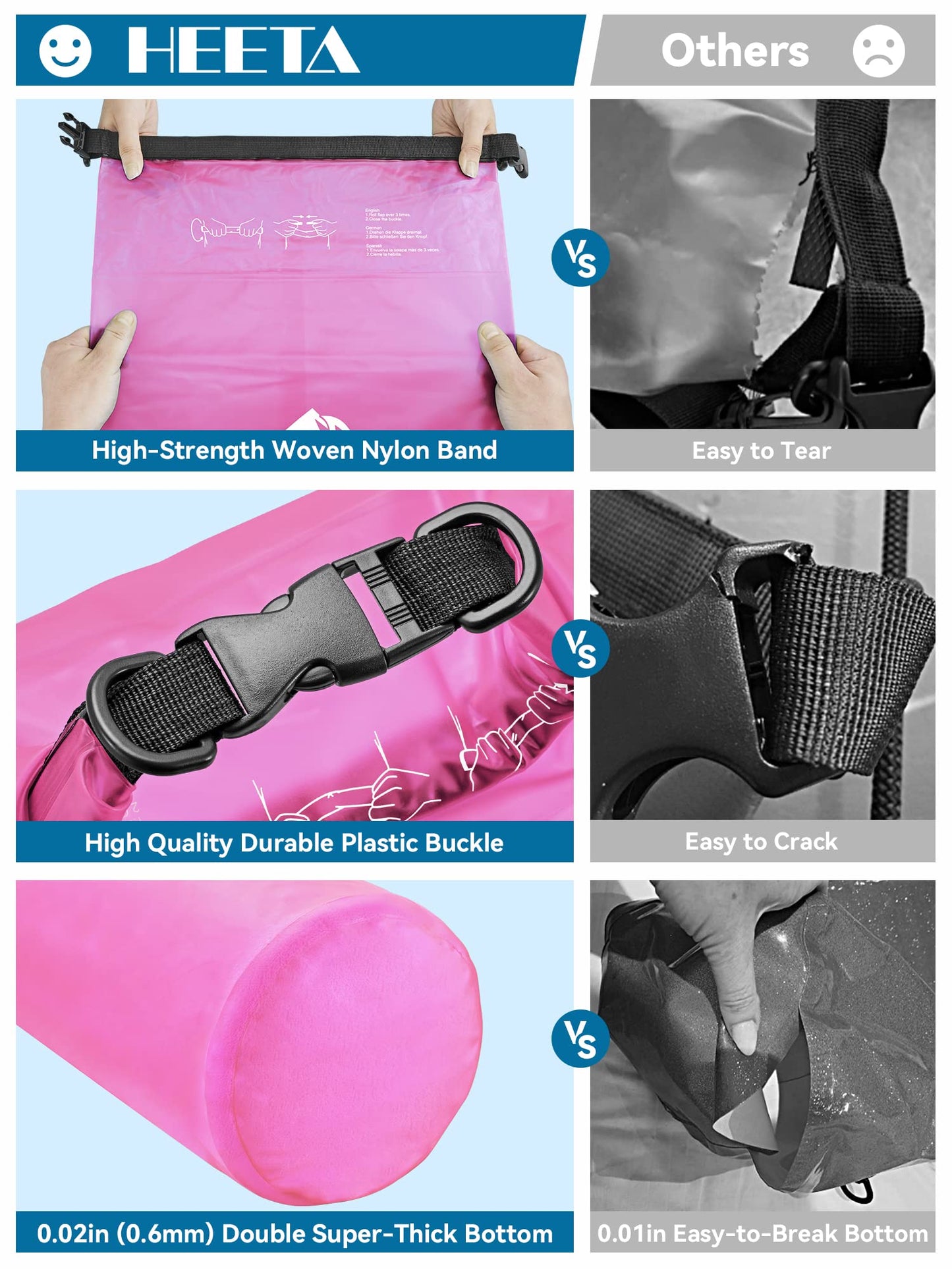 HEETA Dry Bag Waterproof for Women Men, 5L/10L/20L/30L/40L Roll Top Lightweight Dry Storage Bag Backpack with Phone Case for Travel Swimming Boating Kayaking Paddle Board Camping Beach Accessories