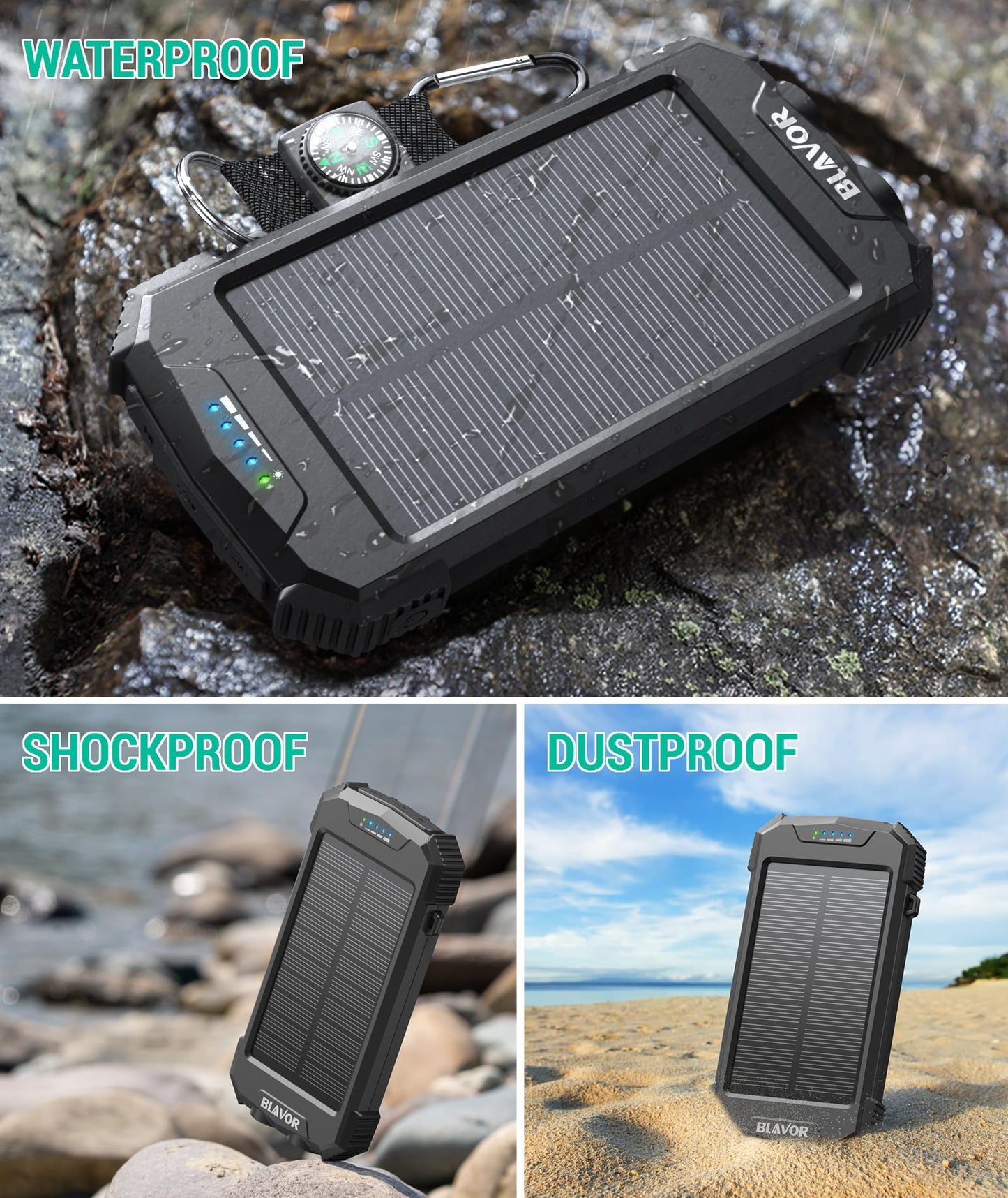 BLAVOR Solar Power Bank 10,000mAh, Portable Wireless Charger, 20W Fast Charging External Battery Pack with USB C for Cell Phones, Solar Panel Charging with Dual Flashlight for Camping